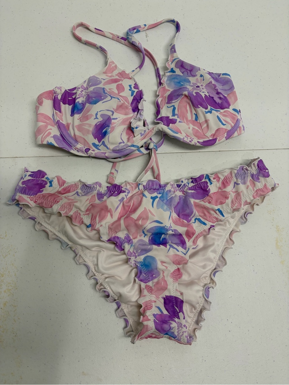 Shade & Shore Floral Ruffled Two-Piece Bikini - Pink & Purple